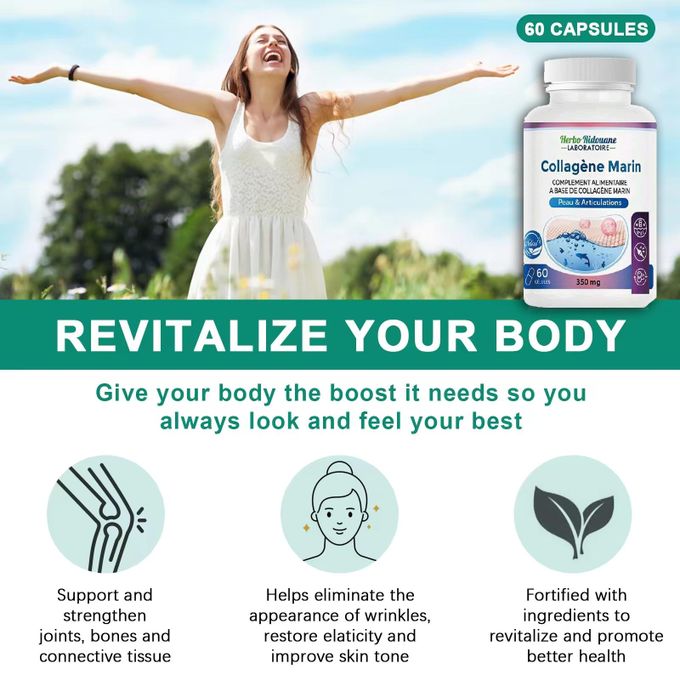 Produit de beauté Peptide de collagène marin avec vitamine C Comprimé de soutien de la peau Cheveux Ongles Collagène articulaire Supplément de santé 60 GELULES - 350 mg.
