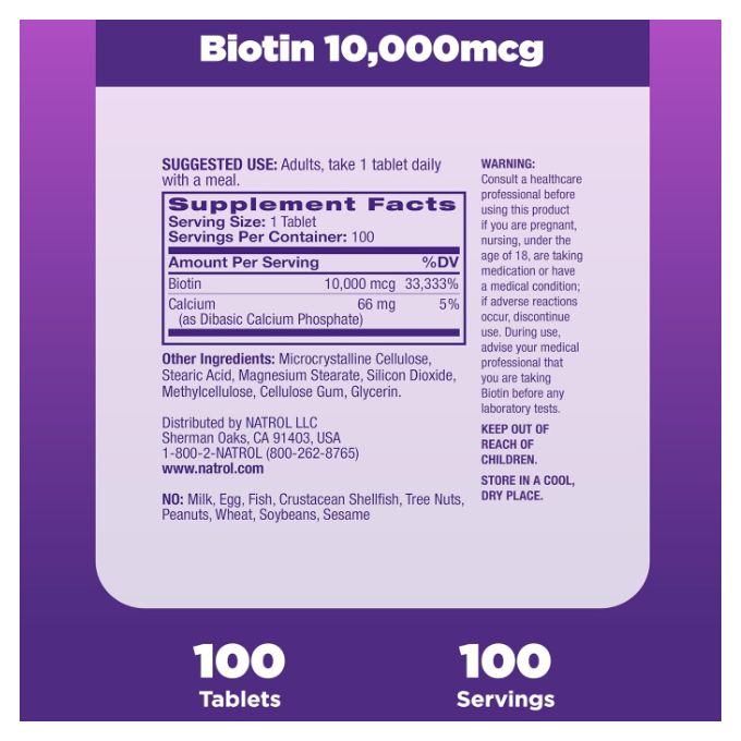 Biotine, Beauté, 10 000 µg - santé de la peau - 100 Comprimés