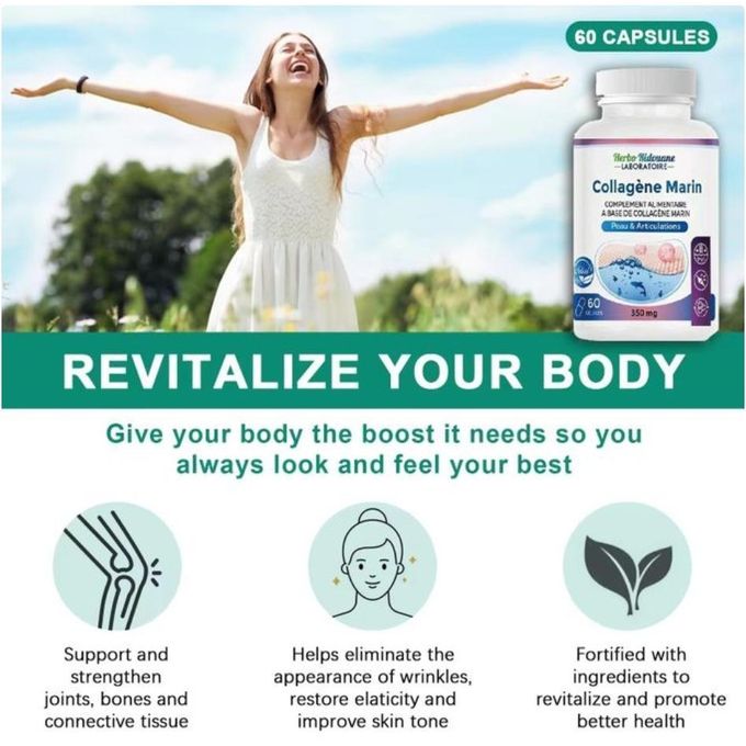 Produit de beauté Peptide de collagène marin avec vitamine C Comprimé de soutien de la peau Cheveux Ongles Collagène articulaire Supplément de santé 60 GELULES - 350 mg.