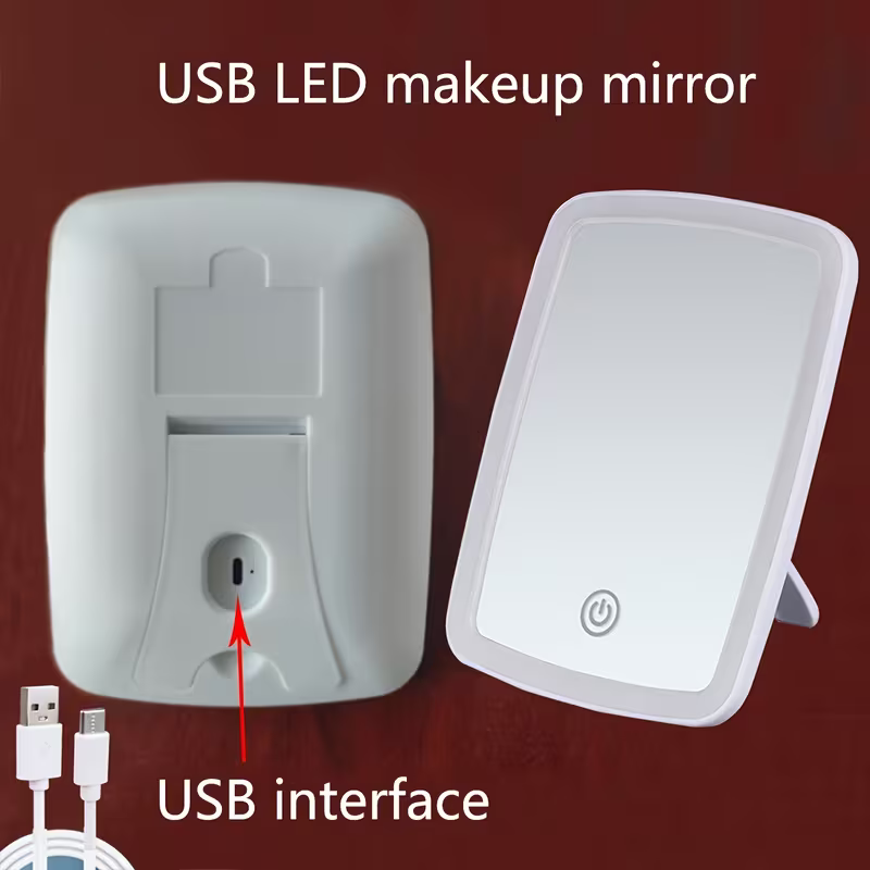 3-Color Changing Makeup Mirror with Touch Sensor, 3 Lighting Modes - Self-Lighting, Natural Light & Warm Light, Adjustable Brightness, Portable Foldable Rechargeable Desktop Vanity Mirror, USB Powered, Polished Surface, Plastic Frame, Surface - Local Store Product Gallery Image