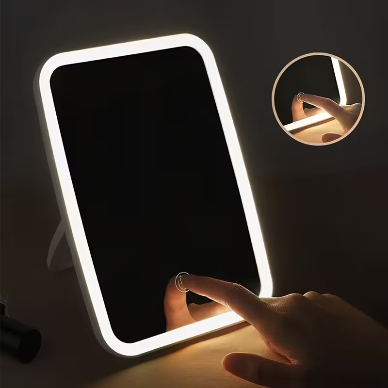 3-Color Changing Makeup Mirror with Touch Sensor, 3 Lighting Modes - Self-Lighting, Natural Light & Warm Light, Adjustable Brightness, Portable Foldable Rechargeable Desktop Vanity Mirror, USB Powered, Polished Surface, Plastic Frame, Surface - Local Store Product Gallery Image