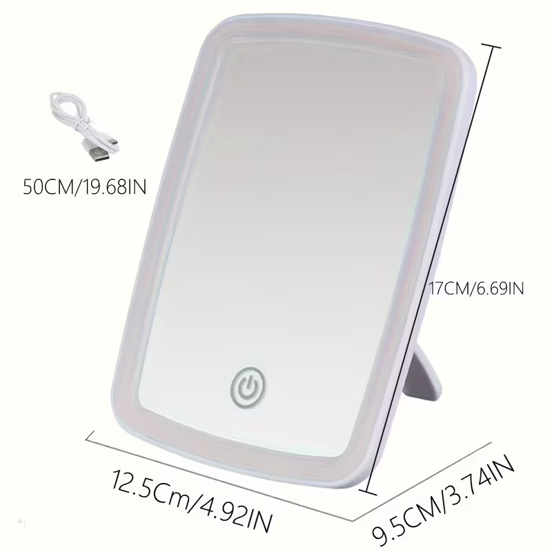 3-Color Changing Makeup Mirror with Touch Sensor, 3 Lighting Modes - Self-Lighting, Natural Light & Warm Light, Adjustable Brightness, Portable Foldable Rechargeable Desktop Vanity Mirror, USB Powered, Polished Surface, Plastic Frame, Surface - Local Store Product Gallery Image