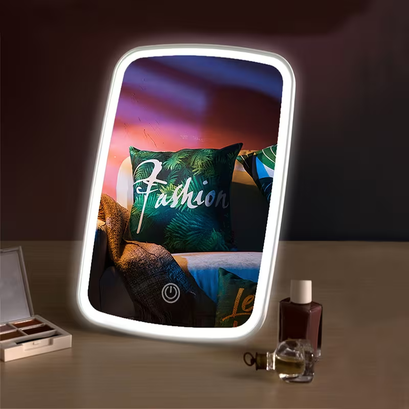3-Color Changing Makeup Mirror with Touch Sensor, 3 Lighting Modes - Self-Lighting, Natural Light & Warm Light, Adjustable Brightness, Portable Foldable Rechargeable Desktop Vanity Mirror, USB Powered, Polished Surface, Plastic Frame, Surface - Local Store Product Gallery Image